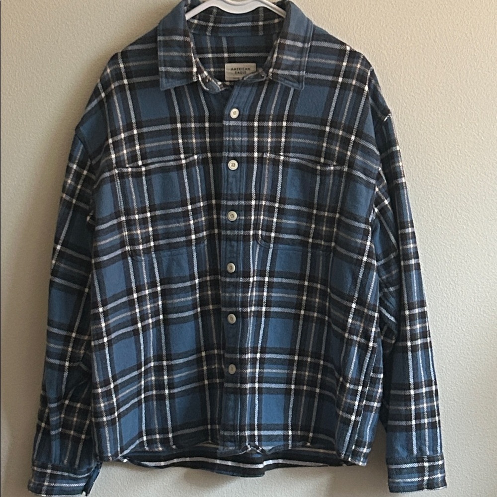 American Eagle Relaxed Fit Blue Plaid Casual Soft Cotton Flannel Overshirt